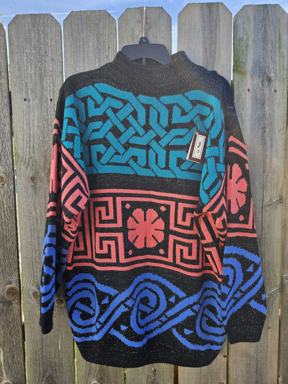 Le Moda 80s Vintage Black Mock Knit Sweater with Teal, Coral, Blue Geometric XL
